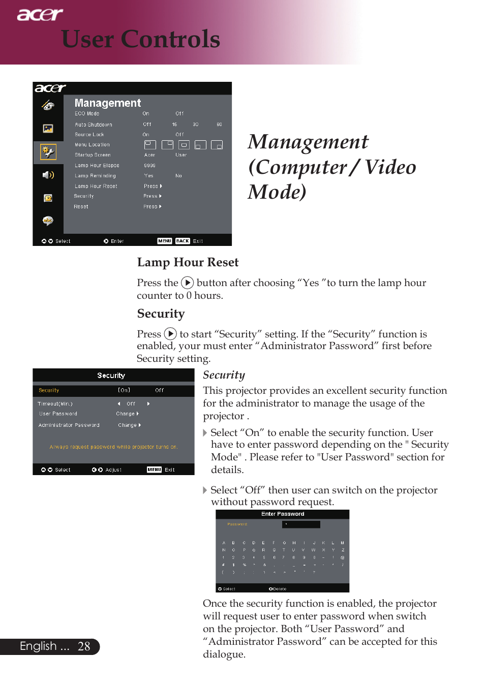 User controls, Management (computer / video mode) | Acer PD724 series User Manual | Page 30 / 59