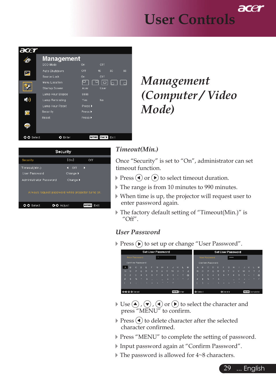 User controls, Management (computer / video mode) | Acer PD724 series User Manual | Page 31 / 59