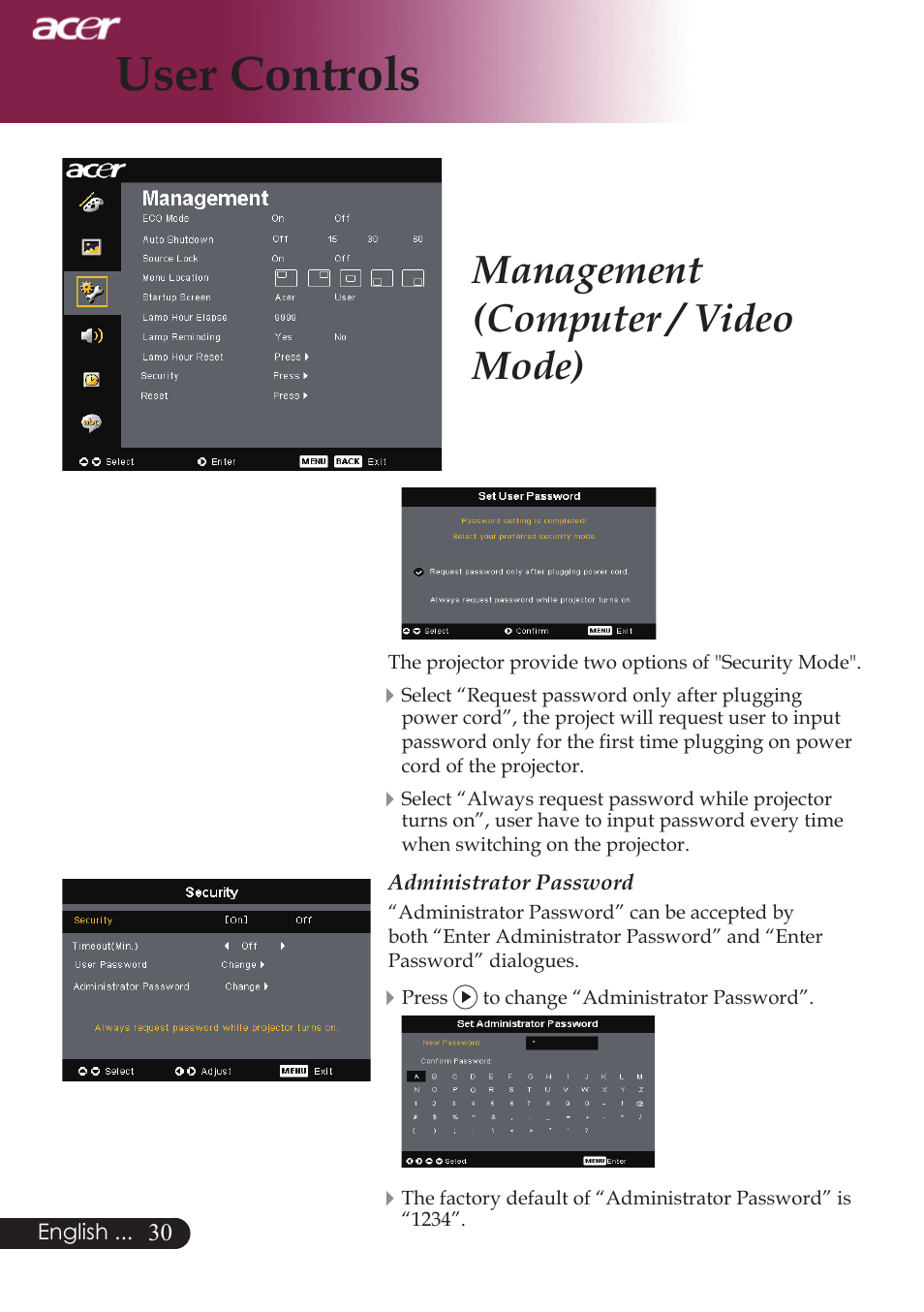 User controls, Management (computer / video mode) | Acer PD724 series User Manual | Page 32 / 59