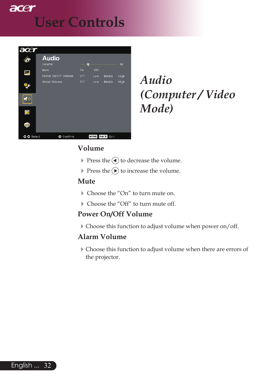 User controls, Audio (computer / video mode) | Acer PD724 series User Manual | Page 34 / 59