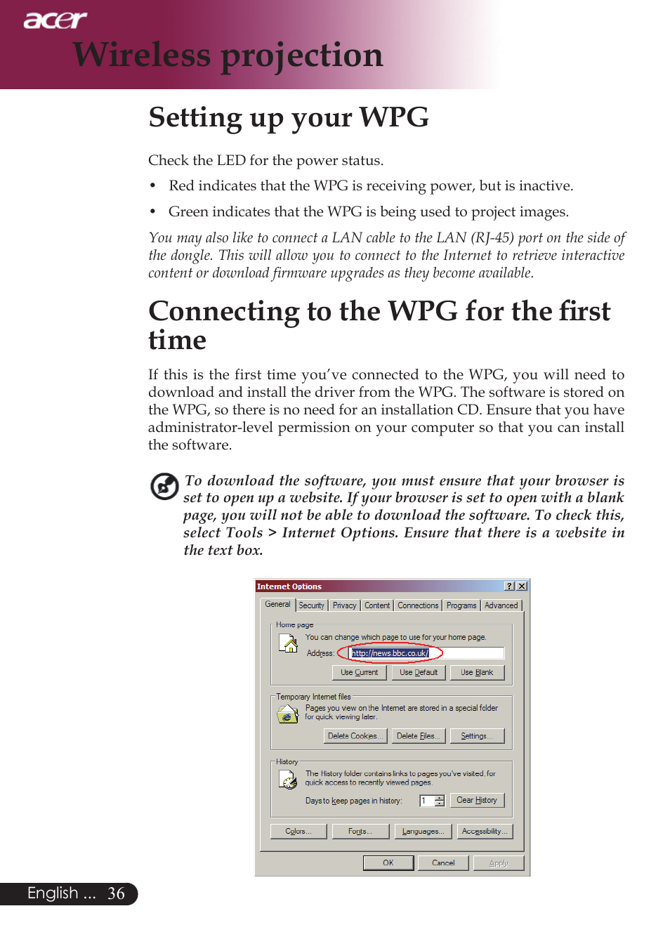 Wireless projection, Setting up your wpg, Connecting to the wpg for the first time | Acer PD724 series User Manual | Page 38 / 59