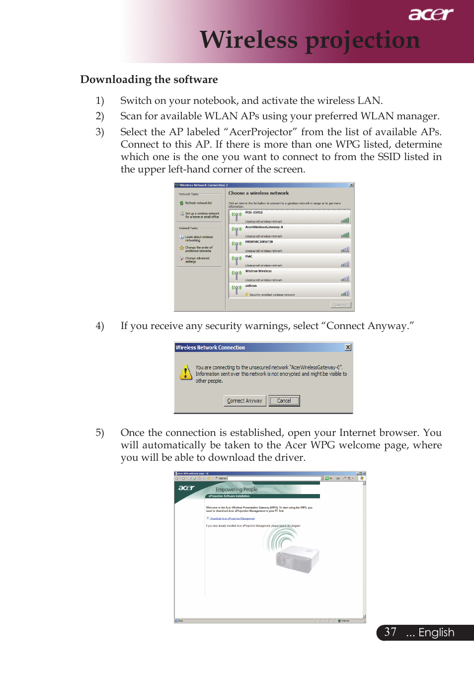 Wireless projection | Acer PD724 series User Manual | Page 39 / 59