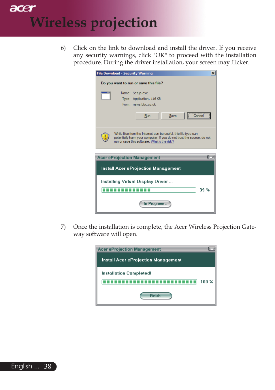 Wireless projection | Acer PD724 series User Manual | Page 40 / 59