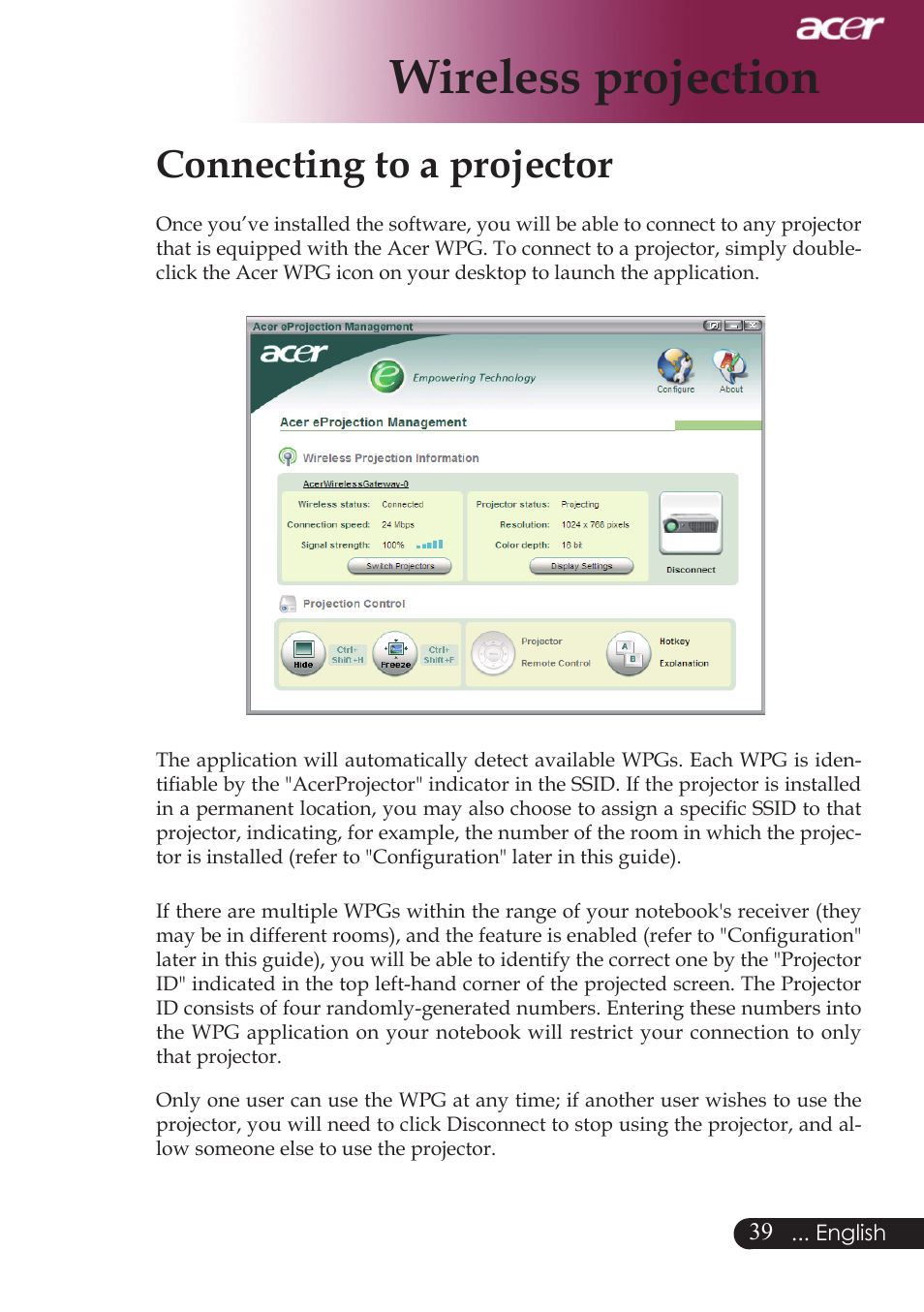 Wireless projection, Connecting to a projector | Acer PD724 series User Manual | Page 41 / 59