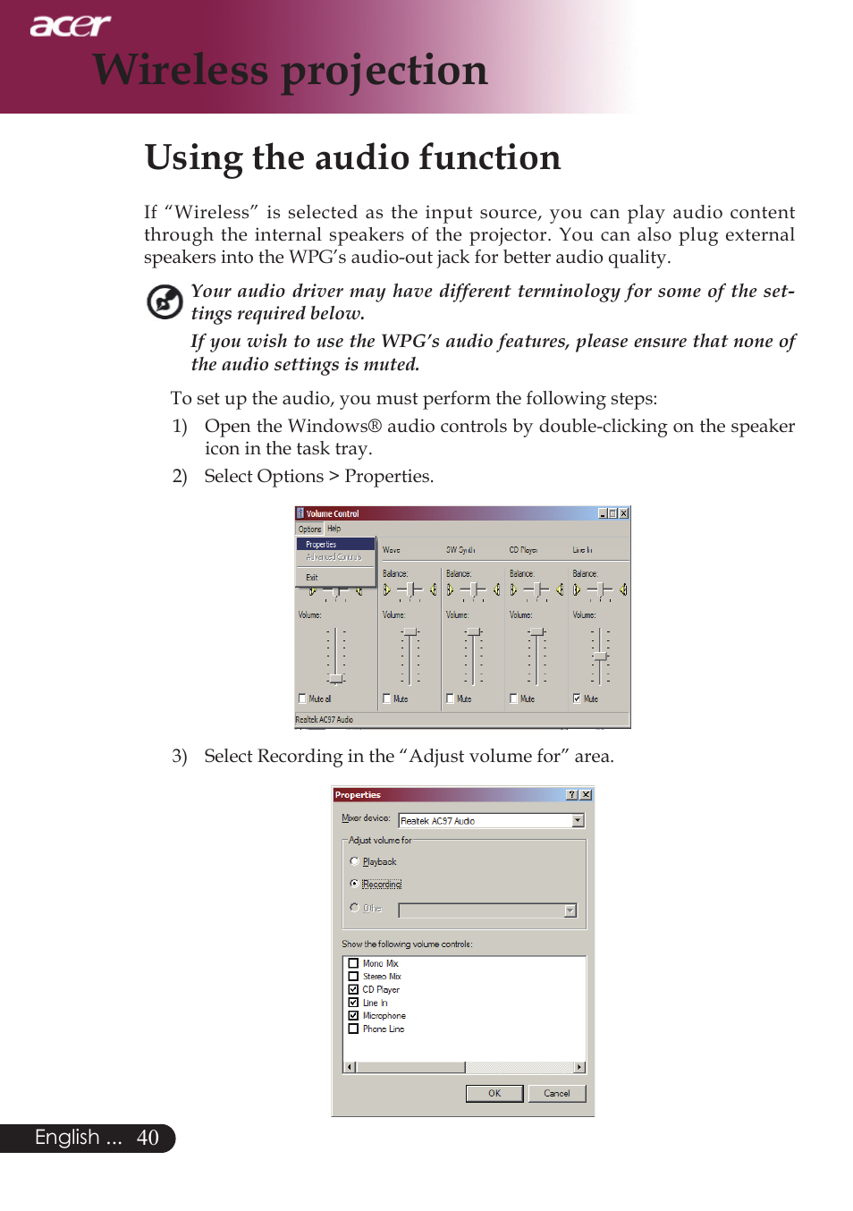 Wireless projection, Using the audio function | Acer PD724 series User Manual | Page 42 / 59