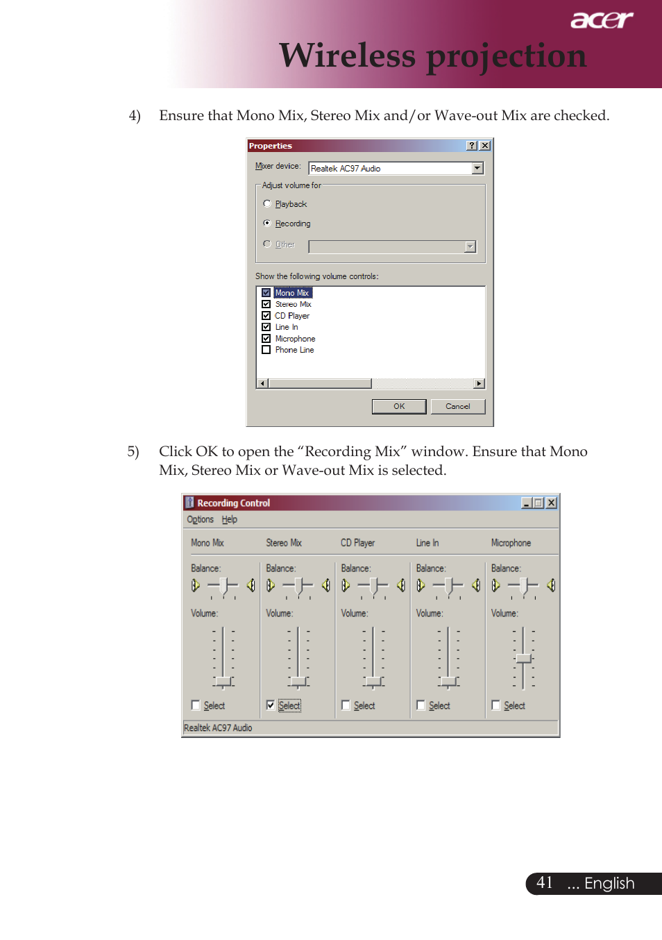 Wireless projection | Acer PD724 series User Manual | Page 43 / 59