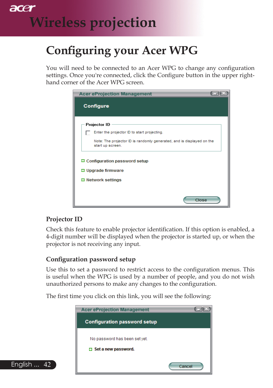 Wireless projection, Configuring your acer wpg | Acer PD724 series User Manual | Page 44 / 59