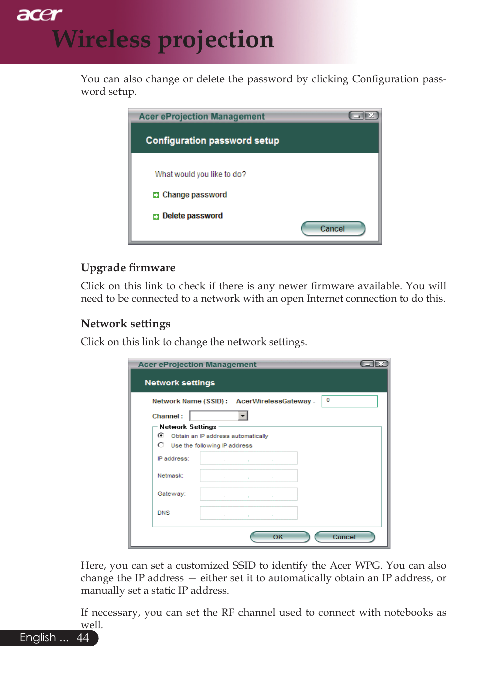Wireless projection | Acer PD724 series User Manual | Page 46 / 59