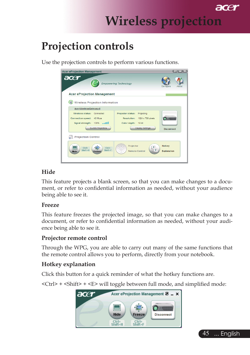 Wireless projection, Projection controls | Acer PD724 series User Manual | Page 47 / 59