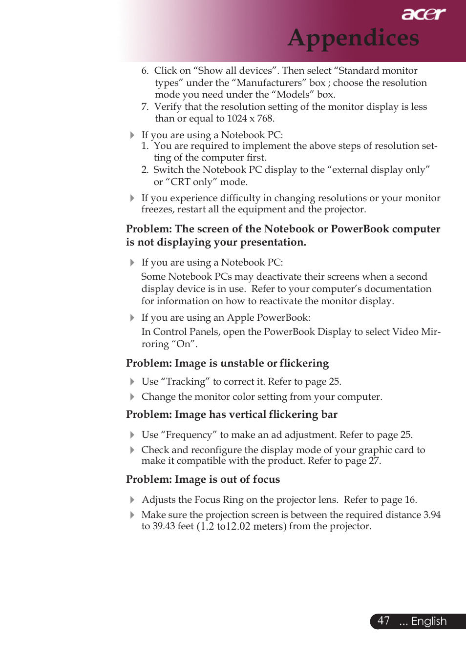 Appendices | Acer PD724 series User Manual | Page 49 / 59