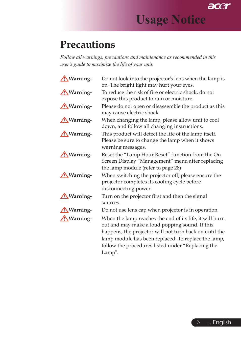 Usage notice, Precautions | Acer PD724 series User Manual | Page 5 / 59