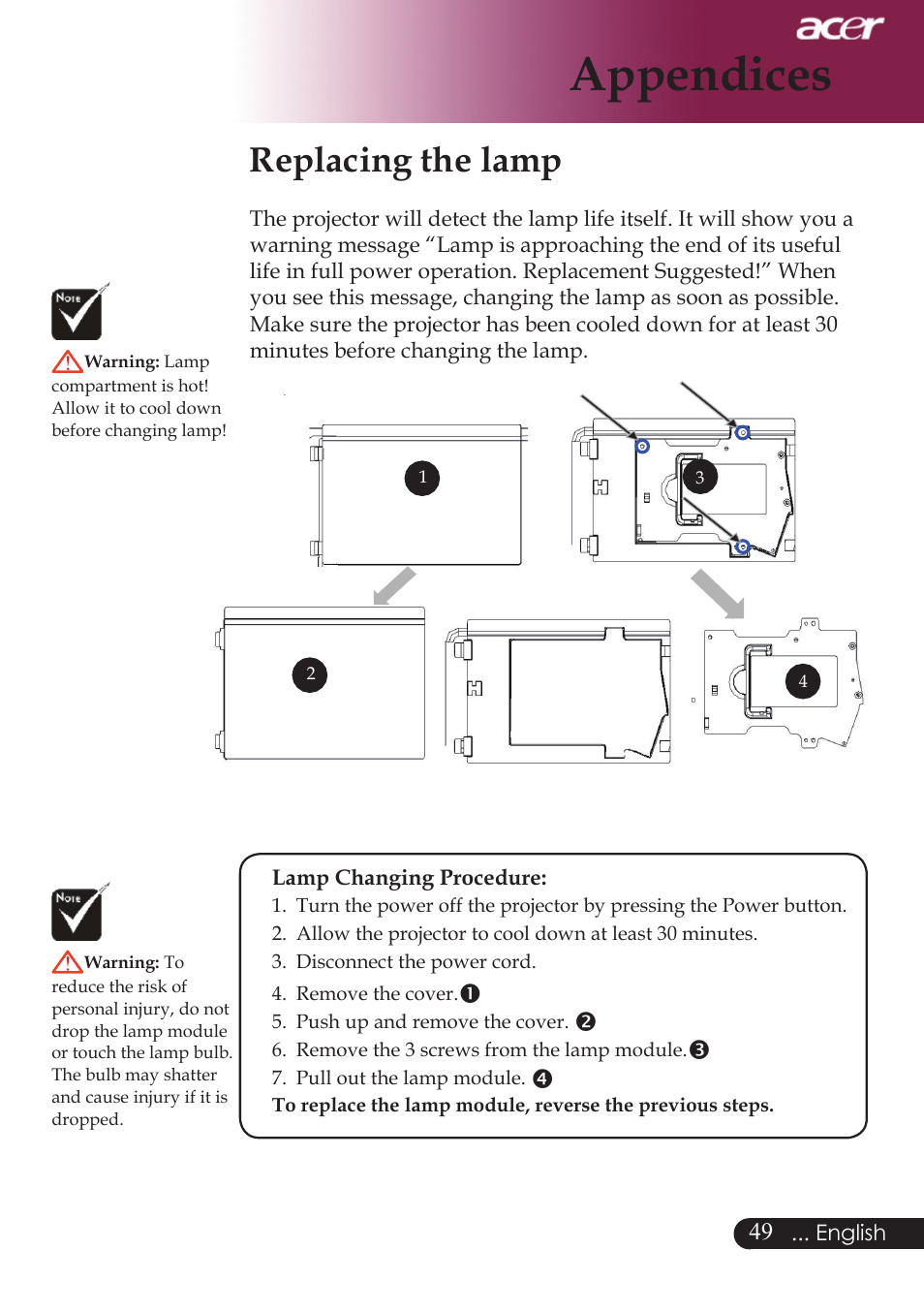 Appendices, Replacing the lamp | Acer PD724 series User Manual | Page 51 / 59