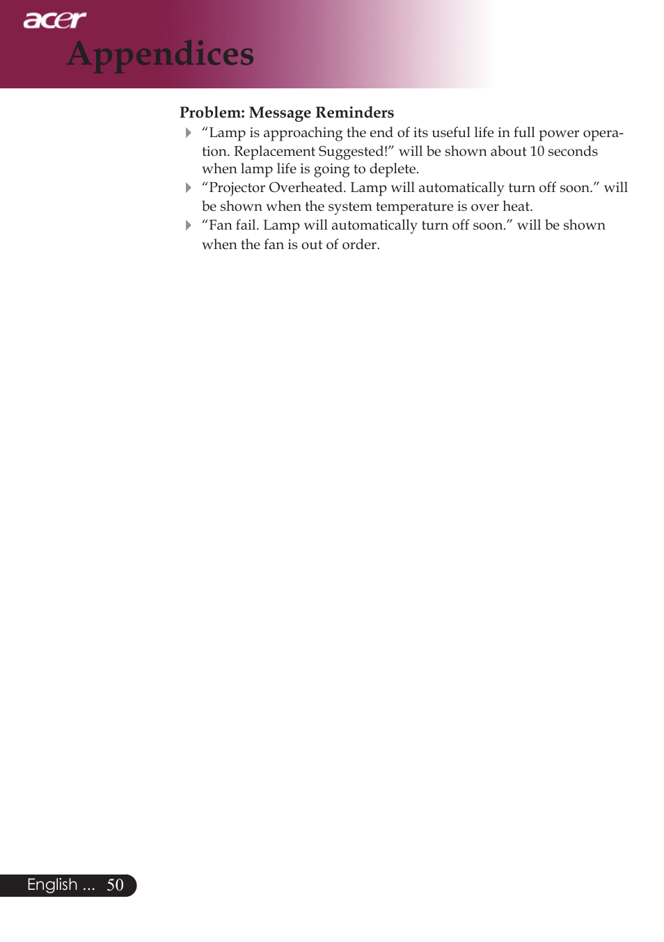 Appendices | Acer PD724 series User Manual | Page 52 / 59