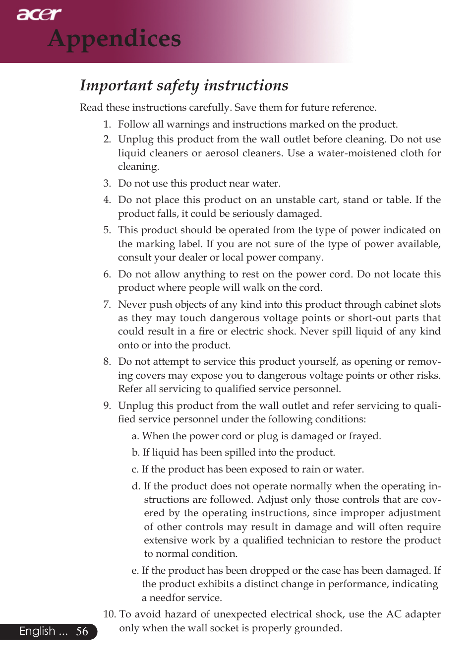 Appendices, Important safety instructions | Acer PD724 series User Manual | Page 58 / 59