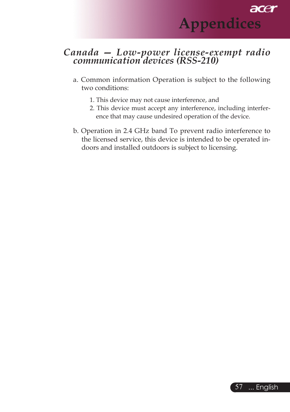 Appendices | Acer PD724 series User Manual | Page 59 / 59