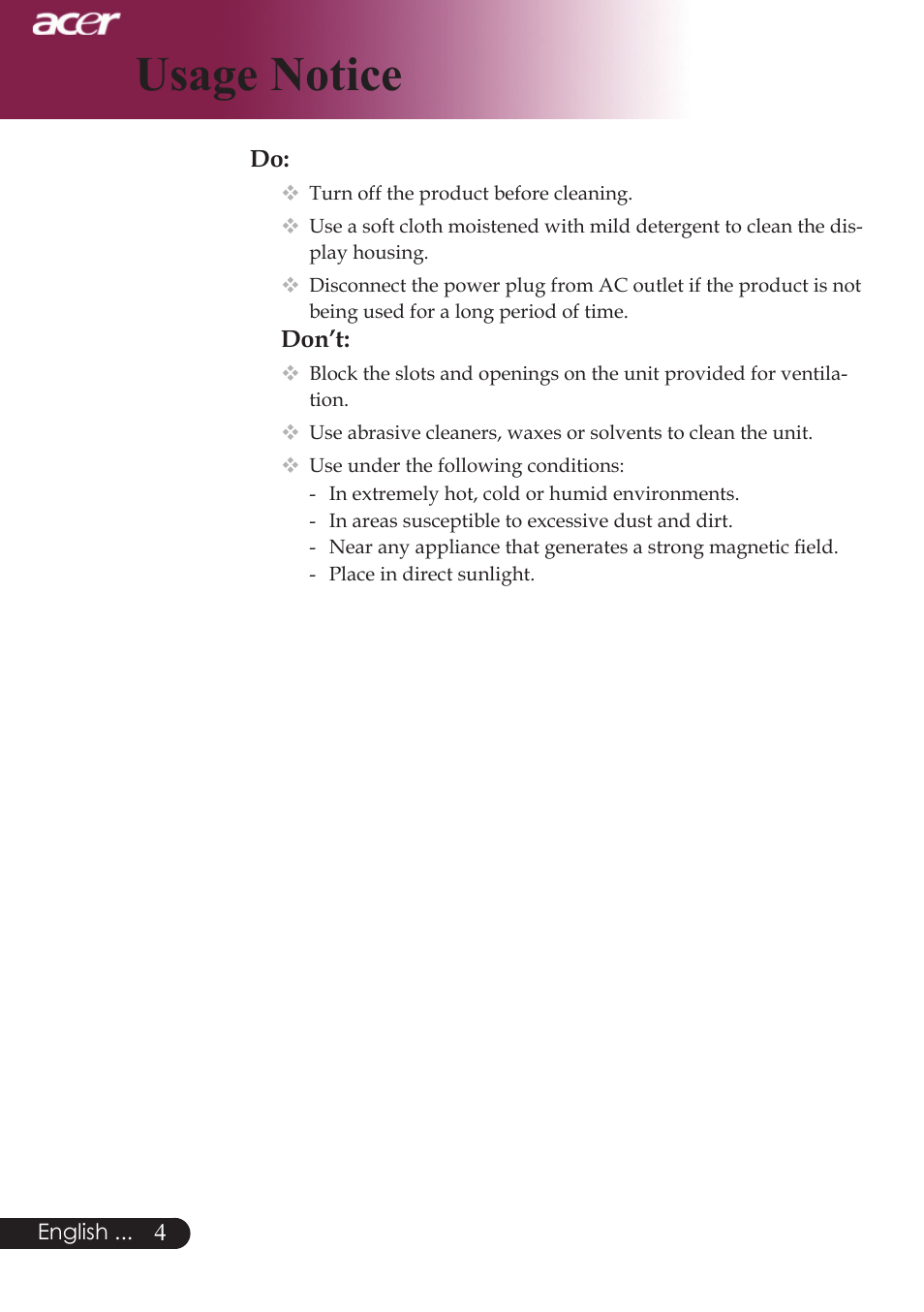 Usage notice | Acer PD724 series User Manual | Page 6 / 59