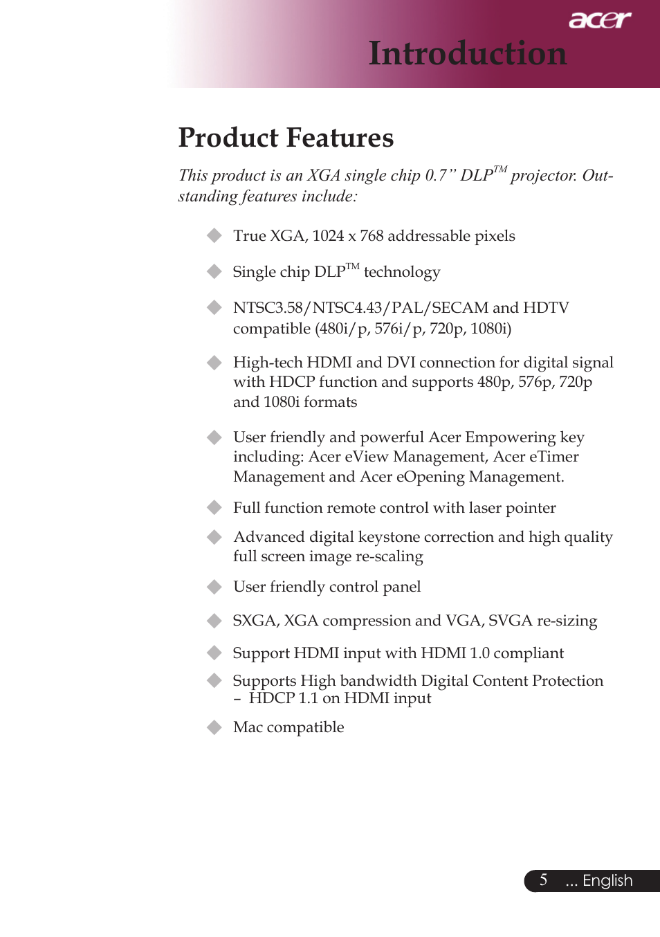 Introduction, Product features | Acer PD724 series User Manual | Page 7 / 59