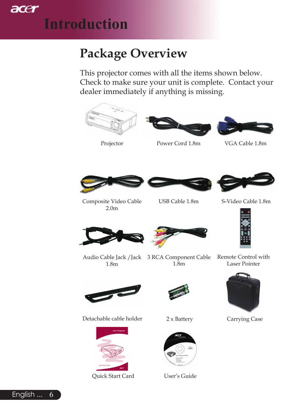 Introduction, Package overview | Acer PD724 series User Manual | Page 8 / 59