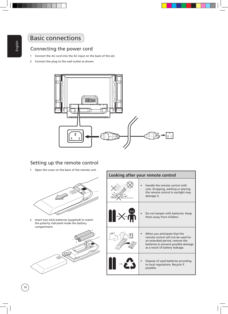 Basic connections, Connecting the power cord, Setting up the remote control | Looking after your remote control | Acer AT3705-DTV User Manual | Page 10 / 38