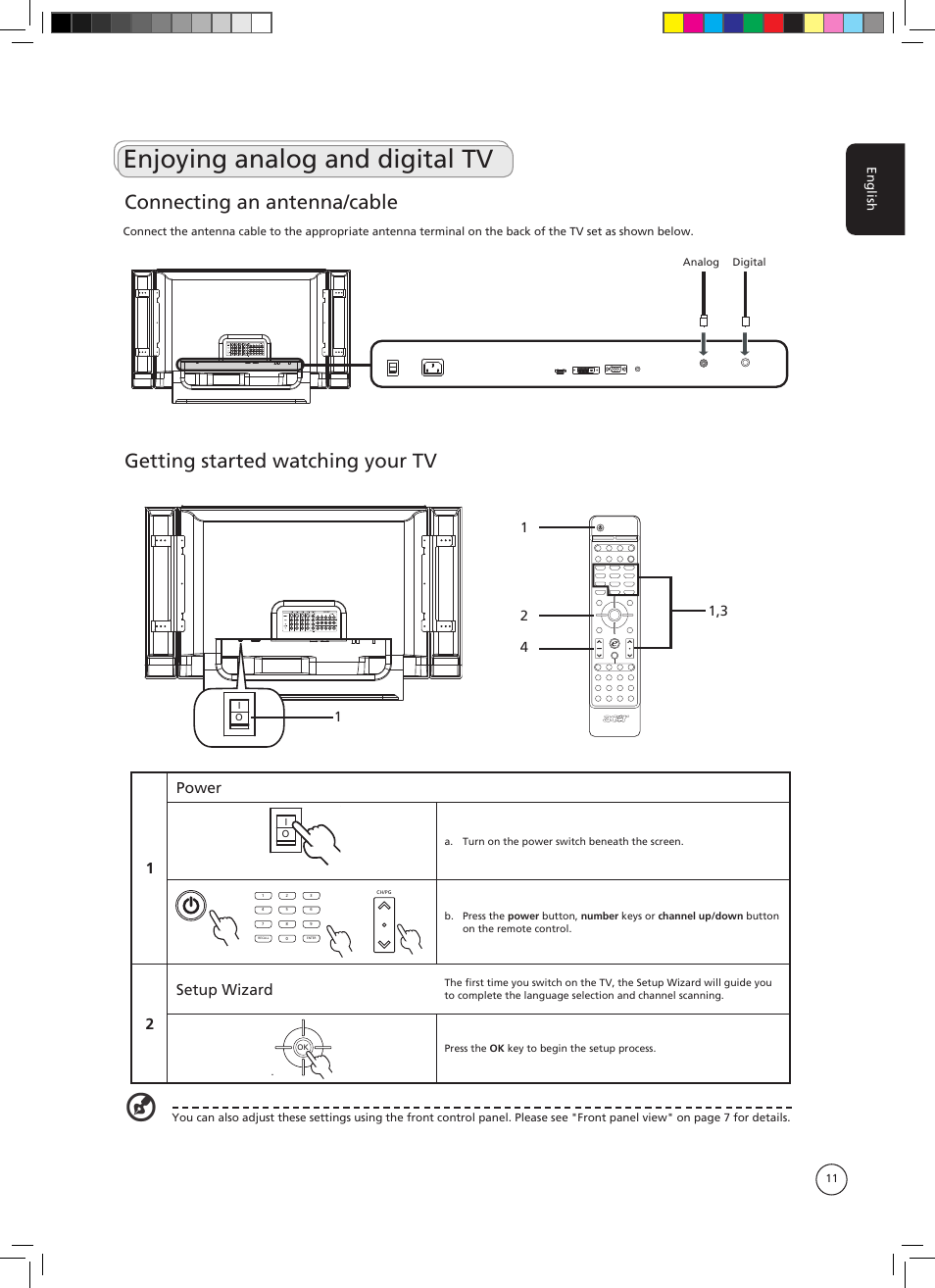 Enjoying analog and digital tv, Getting started watching your tv, Connecting an antenna/cable | 1power, 2setup wizard | Acer AT3705-DTV User Manual | Page 11 / 38