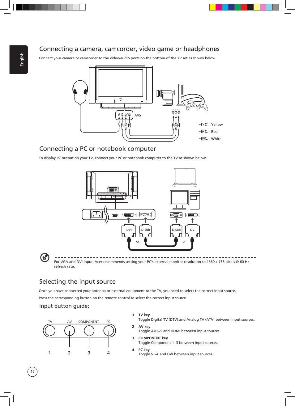 Selecting the input source, Input button guide | Acer AT3705-DTV User Manual | Page 16 / 38