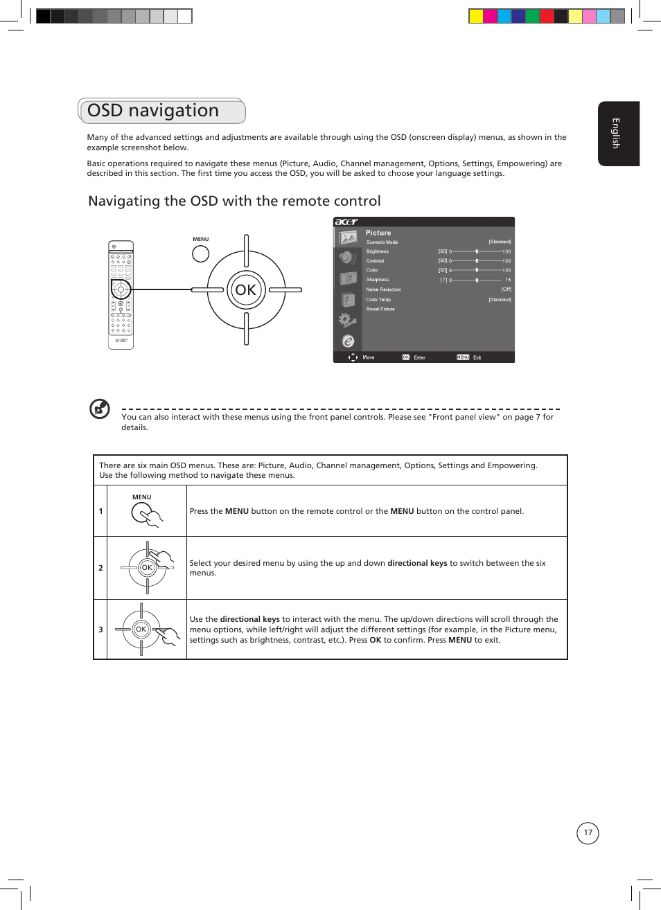 Osd navigation, Navigating the osd with the remote control | Acer AT3705-DTV User Manual | Page 17 / 38