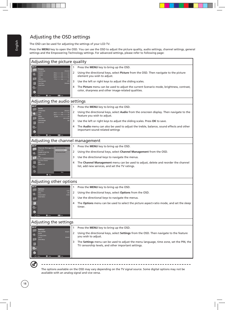 Adjusting the osd settings, Adjusting the picture quality, Adjusting the audio settings | Adjusting the channel management, Adjusting other options, Adjusting the settings | Acer AT3705-DTV User Manual | Page 18 / 38