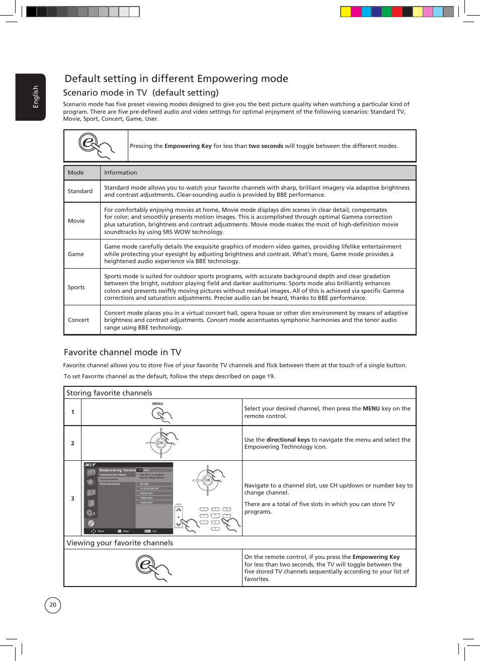 Default setting in different empowering mode, Scenario mode in tv (default setting), Favorite channel mode in tv | Storing favorite channels, Viewing your favorite channels, English | Acer AT3705-DTV User Manual | Page 20 / 38
