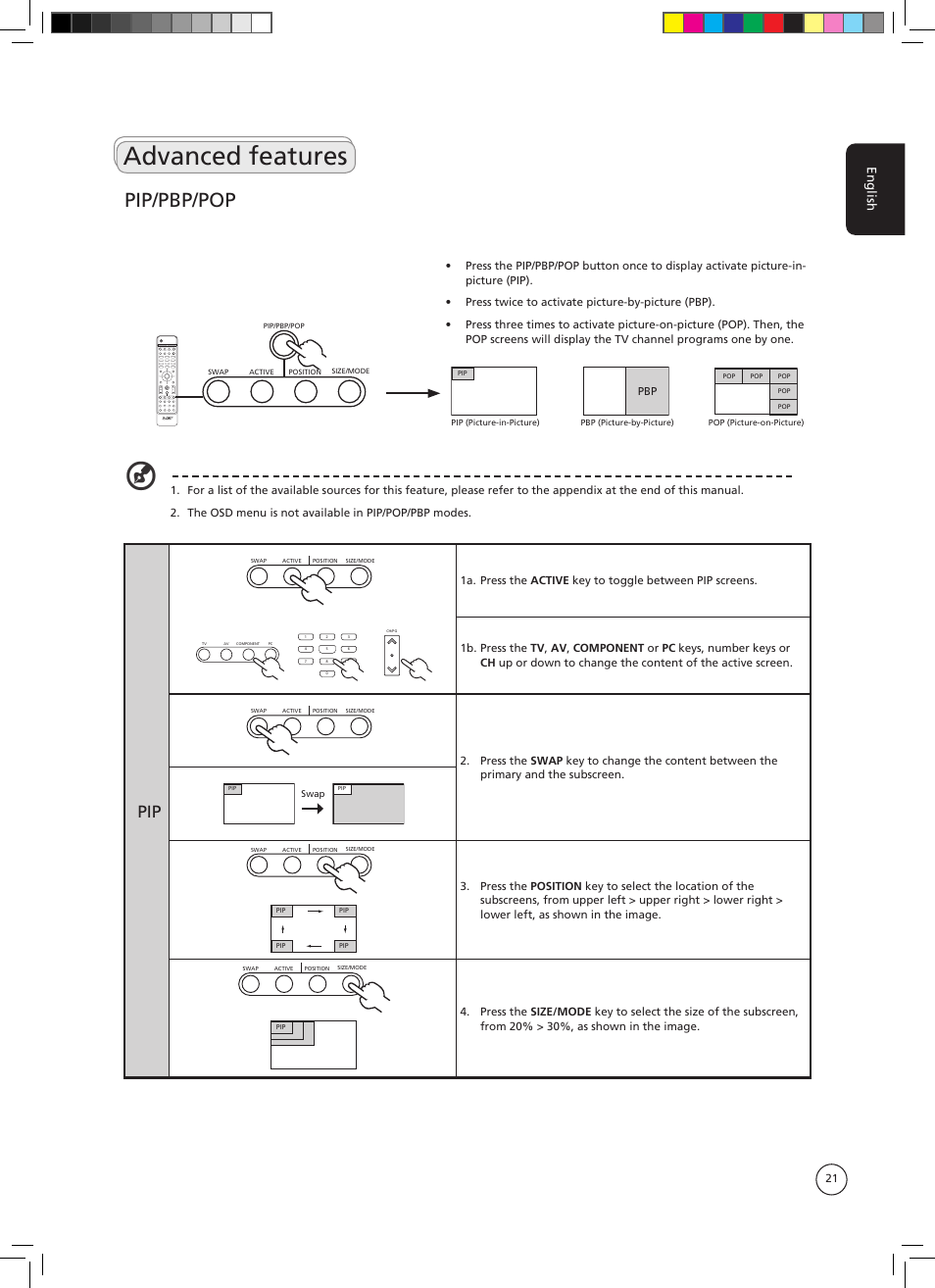 Advanced features, Pip/pbp/pop, English | Acer AT3705-DTV User Manual | Page 21 / 38