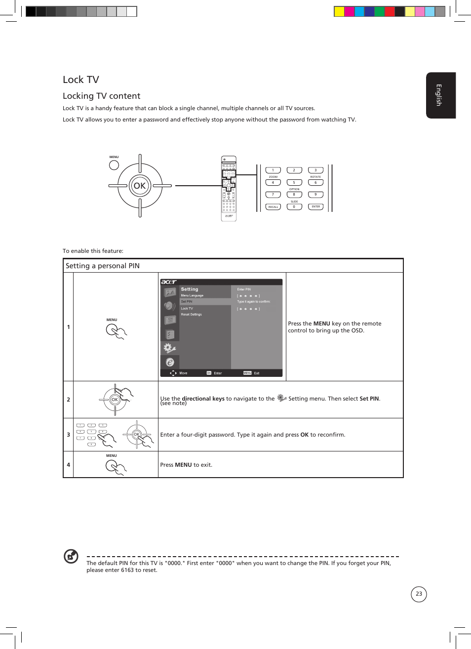 Lock tv, Locking tv content, Setting a personal pin | English, Press menu to exit | Acer AT3705-DTV User Manual | Page 23 / 38