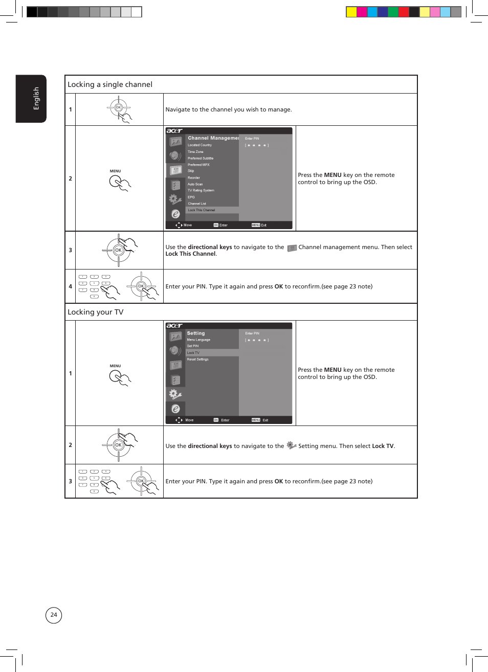 Locking a single channel, Locking your tv, English | Navigate to the channel you wish to manage. 2 | Acer AT3705-DTV User Manual | Page 24 / 38