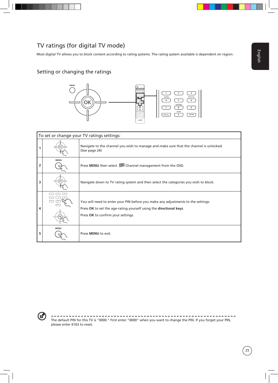 Tv ratings (for digital tv mode), Setting or changing the ratings, English | Press menu to exit | Acer AT3705-DTV User Manual | Page 25 / 38