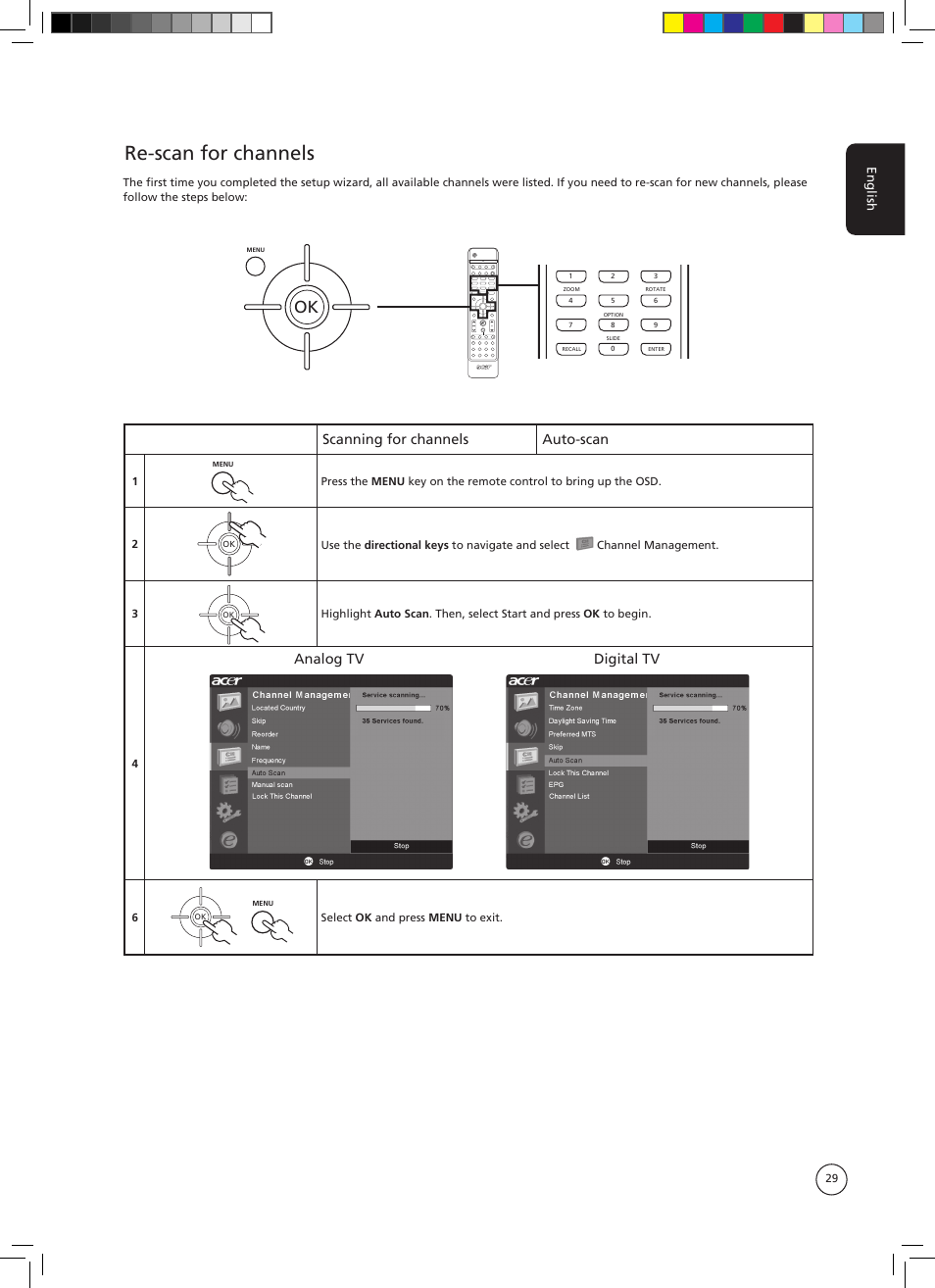 Re-scan for channels, Scanning for channels auto-scan, Analog tv digital tv | English | Acer AT3705-DTV User Manual | Page 29 / 38