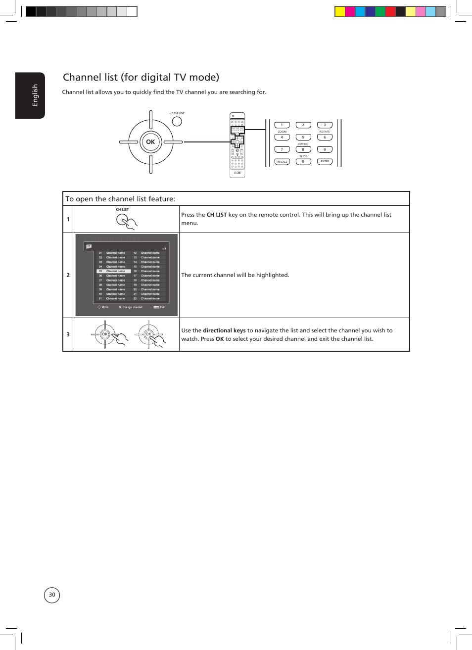Channel list (for digital tv mode), English | Acer AT3705-DTV User Manual | Page 30 / 38