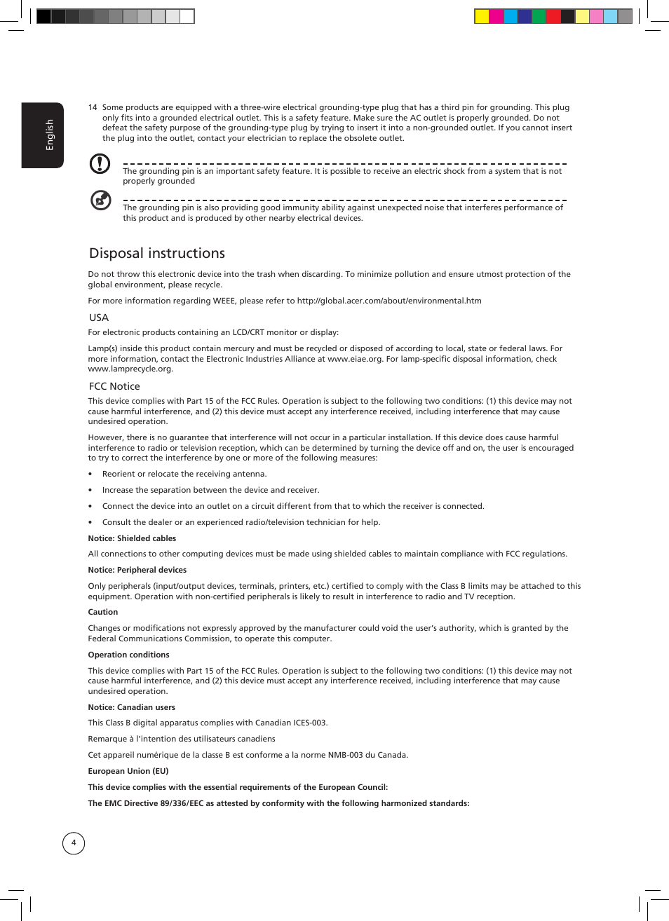 Disposal instructions | Acer AT3705-DTV User Manual | Page 4 / 38