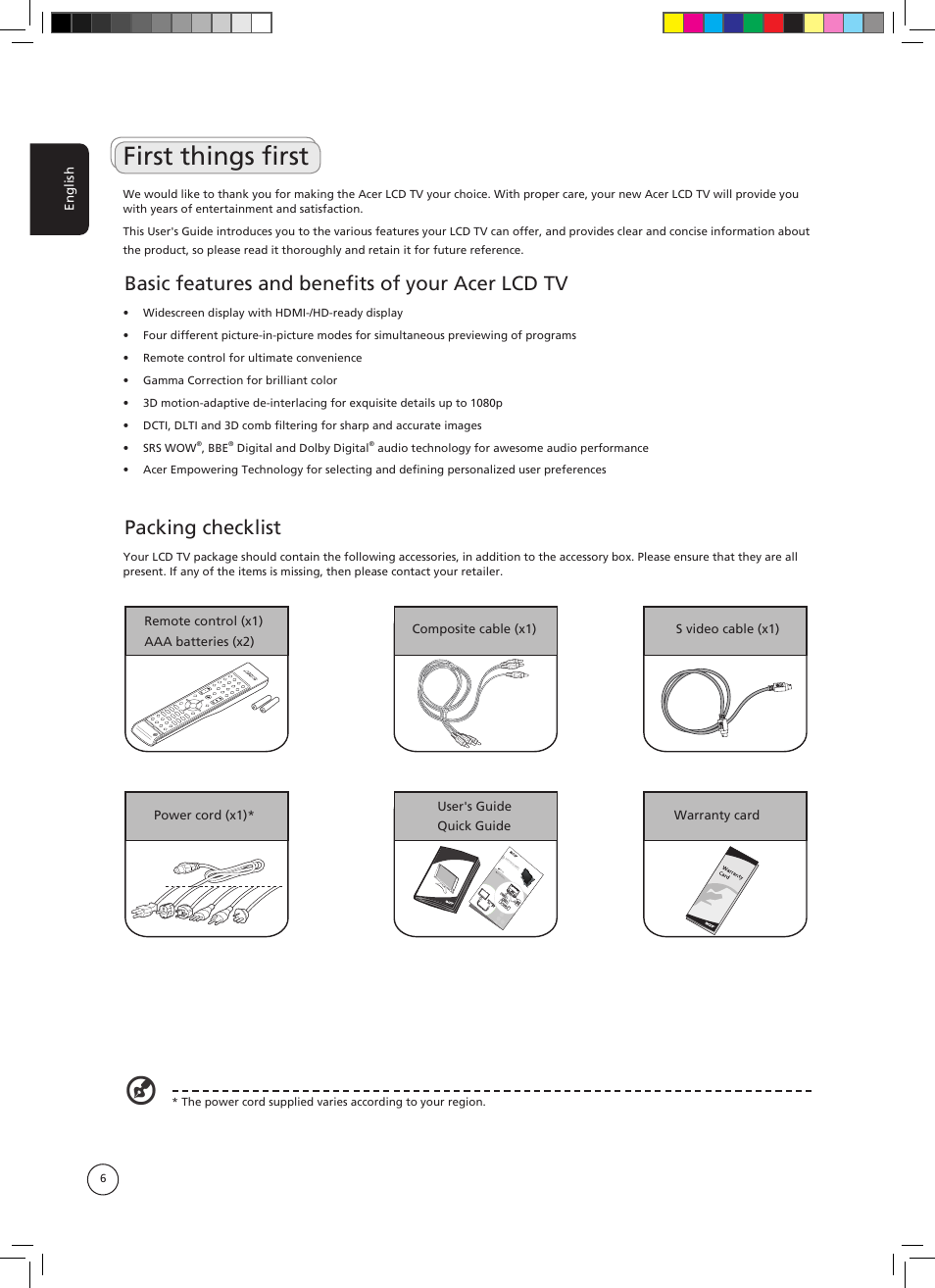 First things first, Basic features and benefits of your acer lcd tv, Packing checklist | Acer AT3705-DTV User Manual | Page 6 / 38