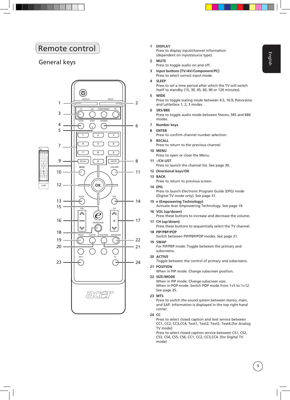 Remote control, General keys | Acer AT3705-DTV User Manual | Page 9 / 38