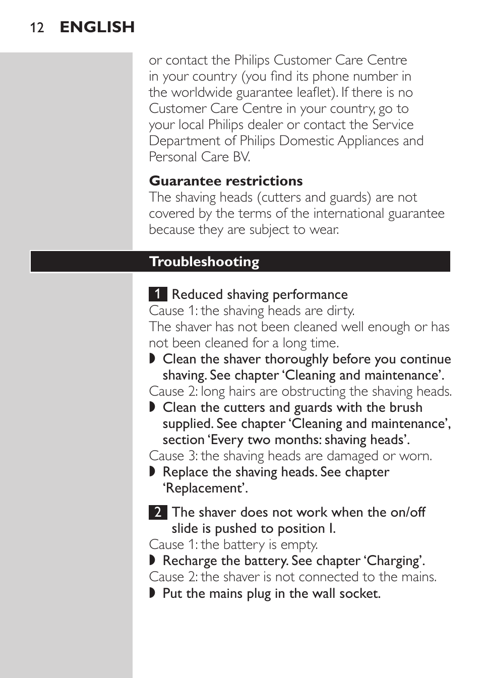 Guarantee restrictions, Troubleshooting | Philips SHAVER Series 3000 Rasoir électrique User Manual | Page 10 / 84