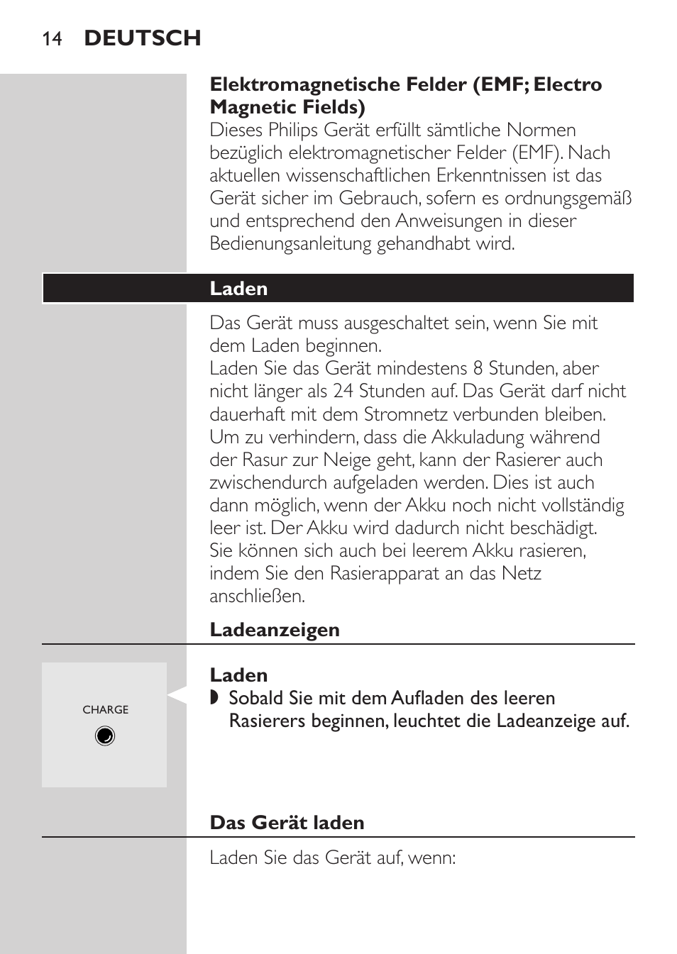 Laden, Ladeanzeigen, Das gerät laden | Deutsch | Philips SHAVER Series 3000 Rasoir électrique User Manual | Page 12 / 84