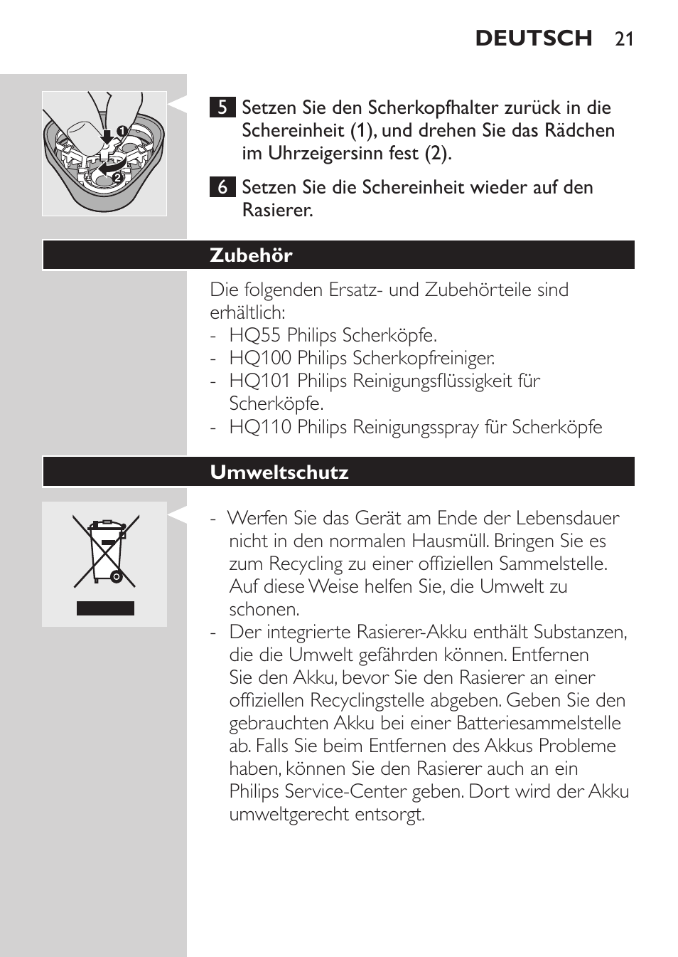 Zubehör, Umweltschutz, Deutsch | Philips SHAVER Series 3000 Rasoir électrique User Manual | Page 19 / 84