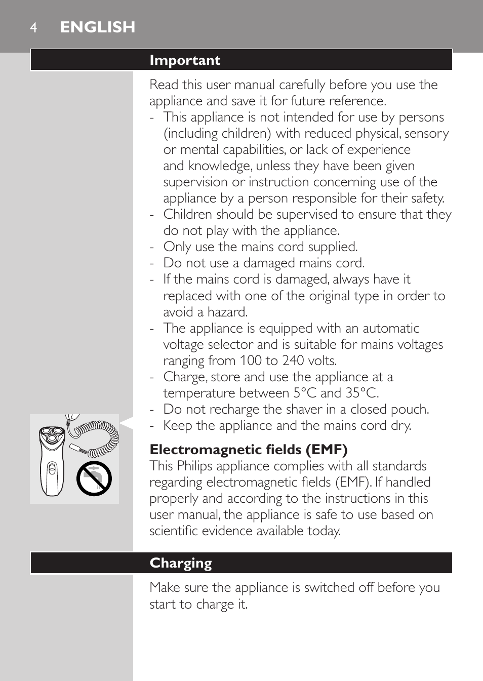 English, Important, Electromagnetic fields (emf) | Charging | Philips SHAVER Series 3000 Rasoir électrique User Manual | Page 2 / 84