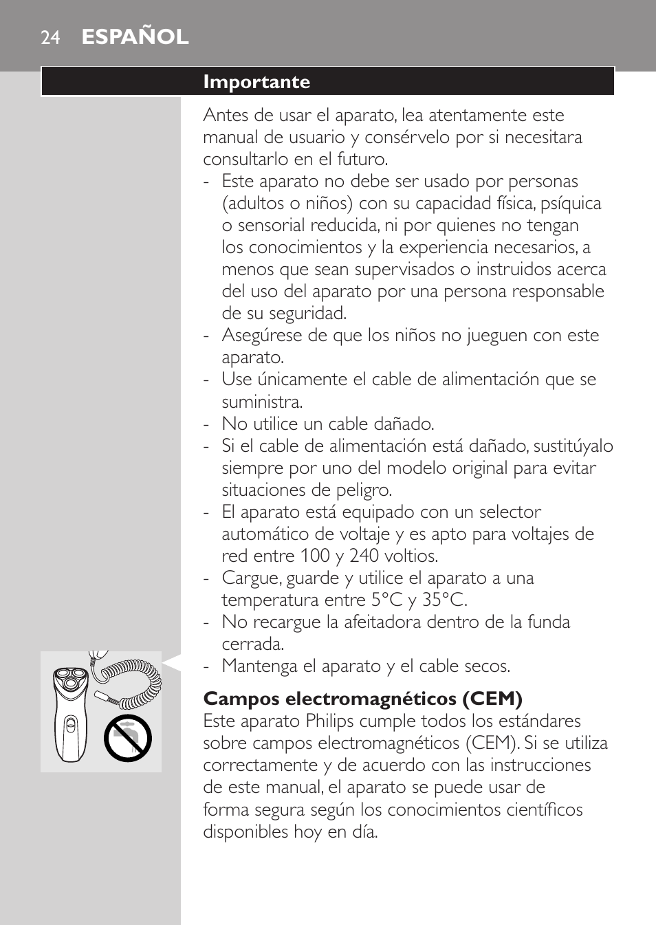 Campos electromagnéticos (cem), Español, Importante | Philips SHAVER Series 3000 Rasoir électrique User Manual | Page 22 / 84