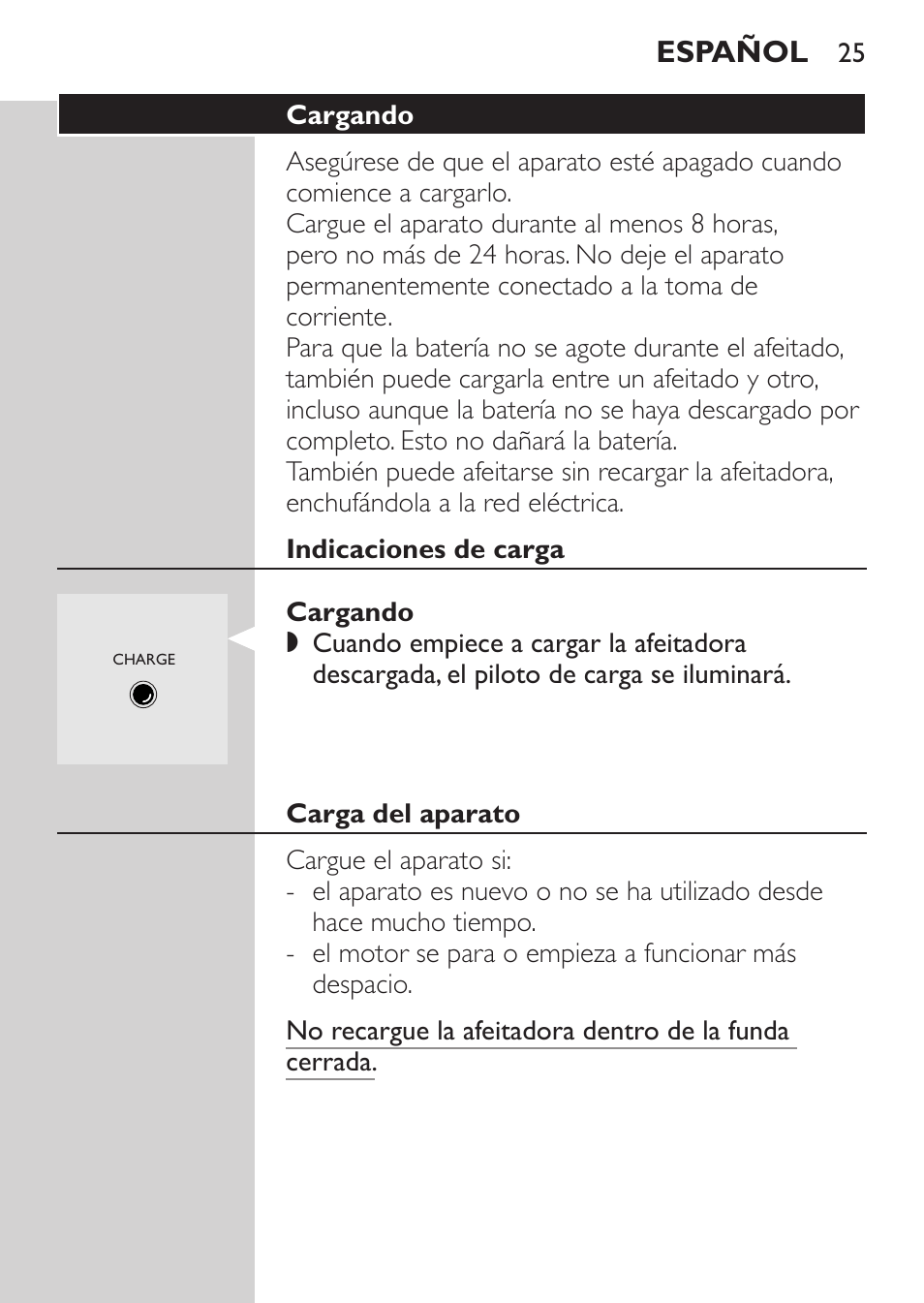 Cargando, Indicaciones de carga, Carga del aparato | Español | Philips SHAVER Series 3000 Rasoir électrique User Manual | Page 23 / 84