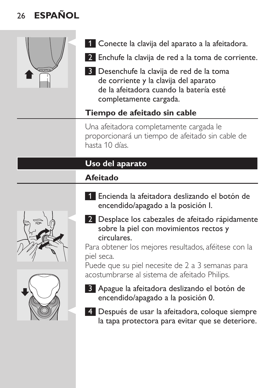 Tiempo de afeitado sin cable, Uso del aparato, Afeitado | Cómo recortar la barba | Philips SHAVER Series 3000 Rasoir électrique User Manual | Page 24 / 84