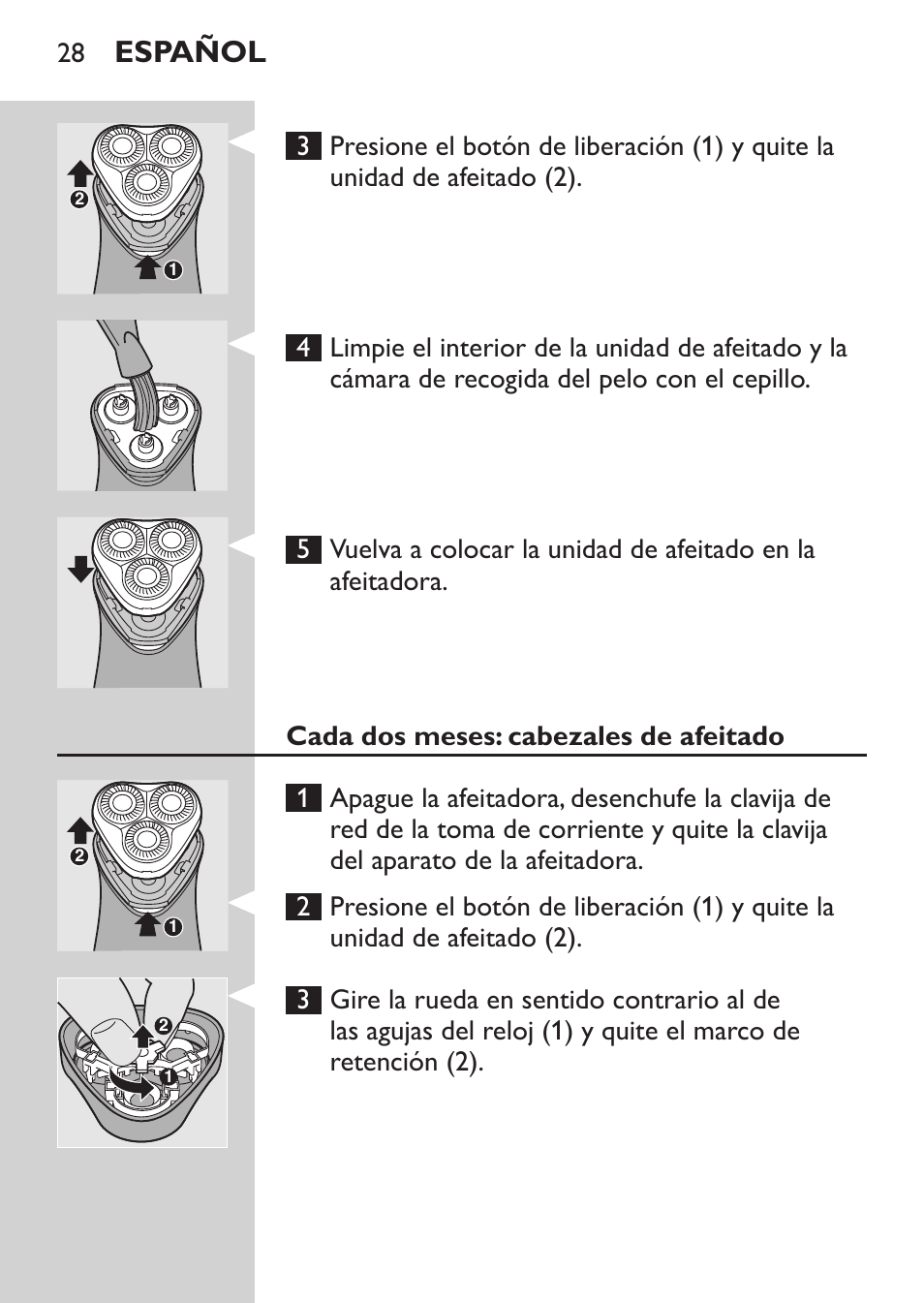 Cada dos meses: cabezales de afeitado, Español | Philips SHAVER Series 3000 Rasoir électrique User Manual | Page 26 / 84