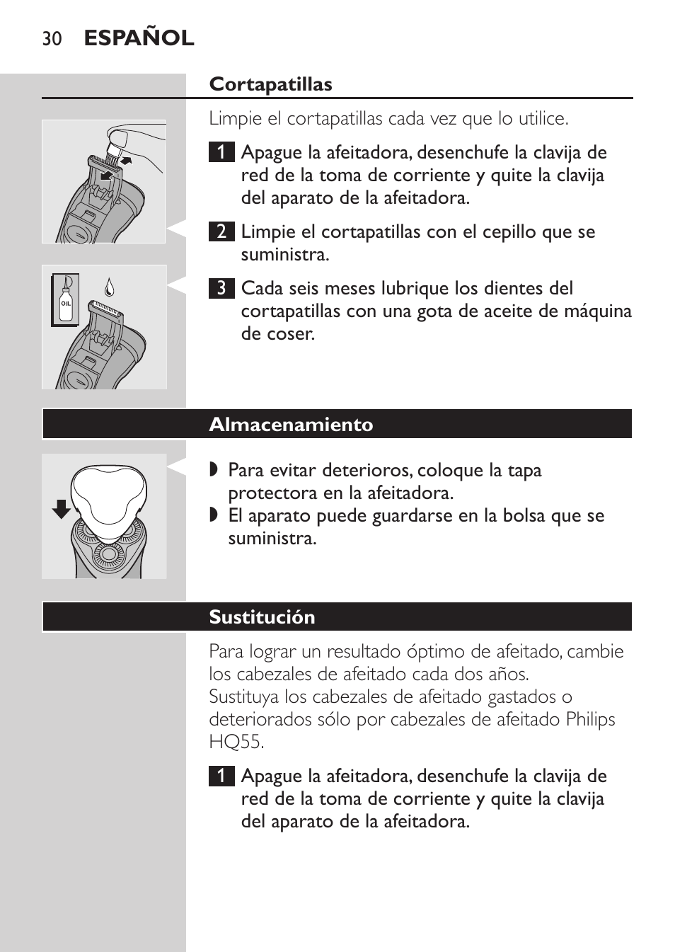 Cortapatillas, Almacenamiento, Sustitución | Philips SHAVER Series 3000 Rasoir électrique User Manual | Page 28 / 84