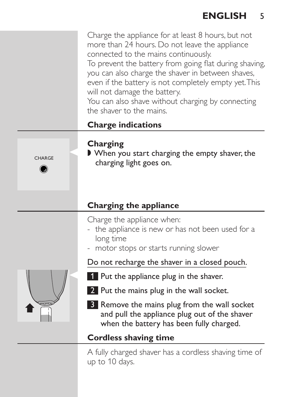 Charge indications, Charging, Charging the appliance | Cordless shaving time, English | Philips SHAVER Series 3000 Rasoir électrique User Manual | Page 3 / 84