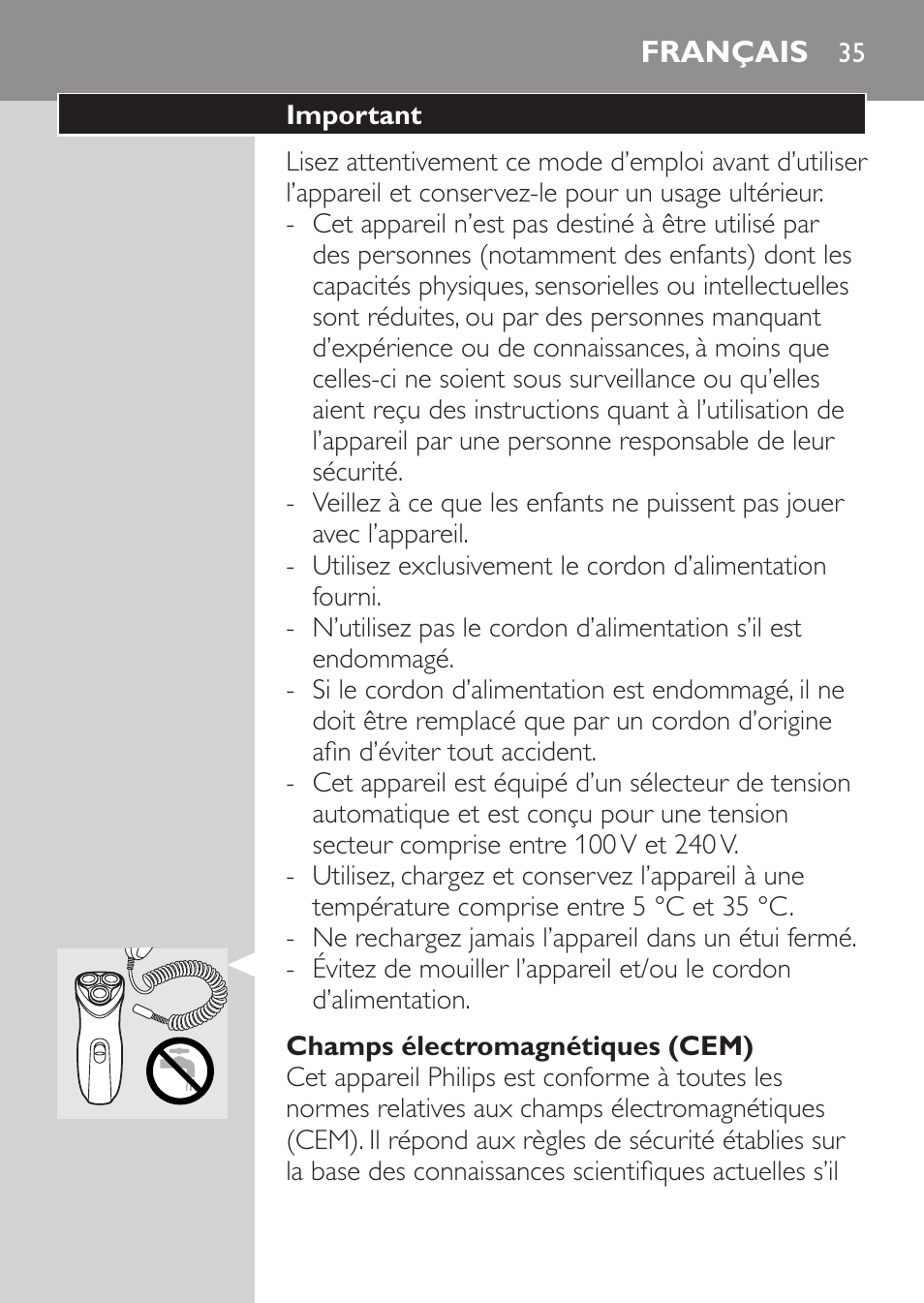 Champs électromagnétiques (cem), Français, Important | Philips SHAVER Series 3000 Rasoir électrique User Manual | Page 33 / 84