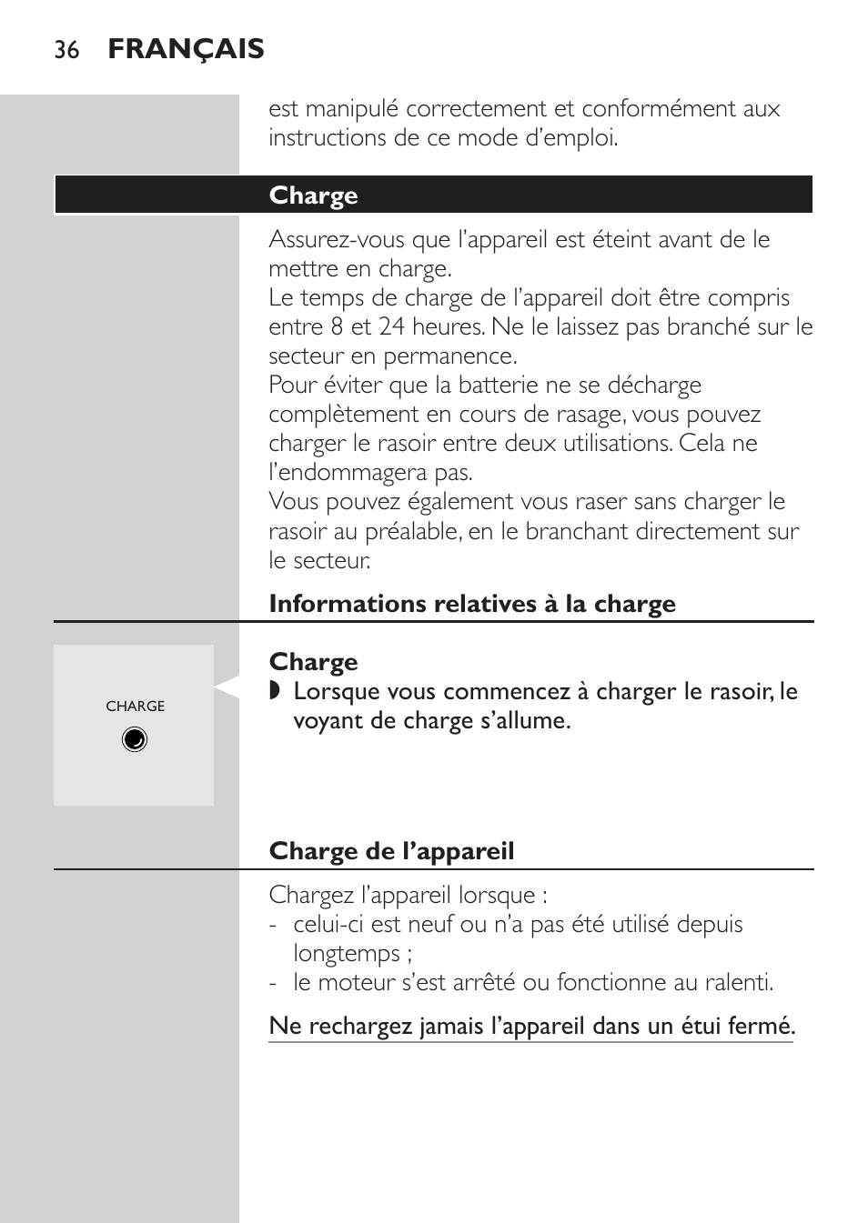 Charge, Informations relatives à la charge, Charge de l’appareil | Français | Philips SHAVER Series 3000 Rasoir électrique User Manual | Page 34 / 84