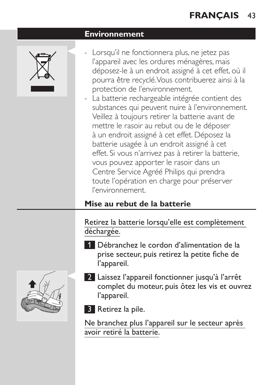 Environnement, Mise au rebut de la batterie | Philips SHAVER Series 3000 Rasoir électrique User Manual | Page 41 / 84